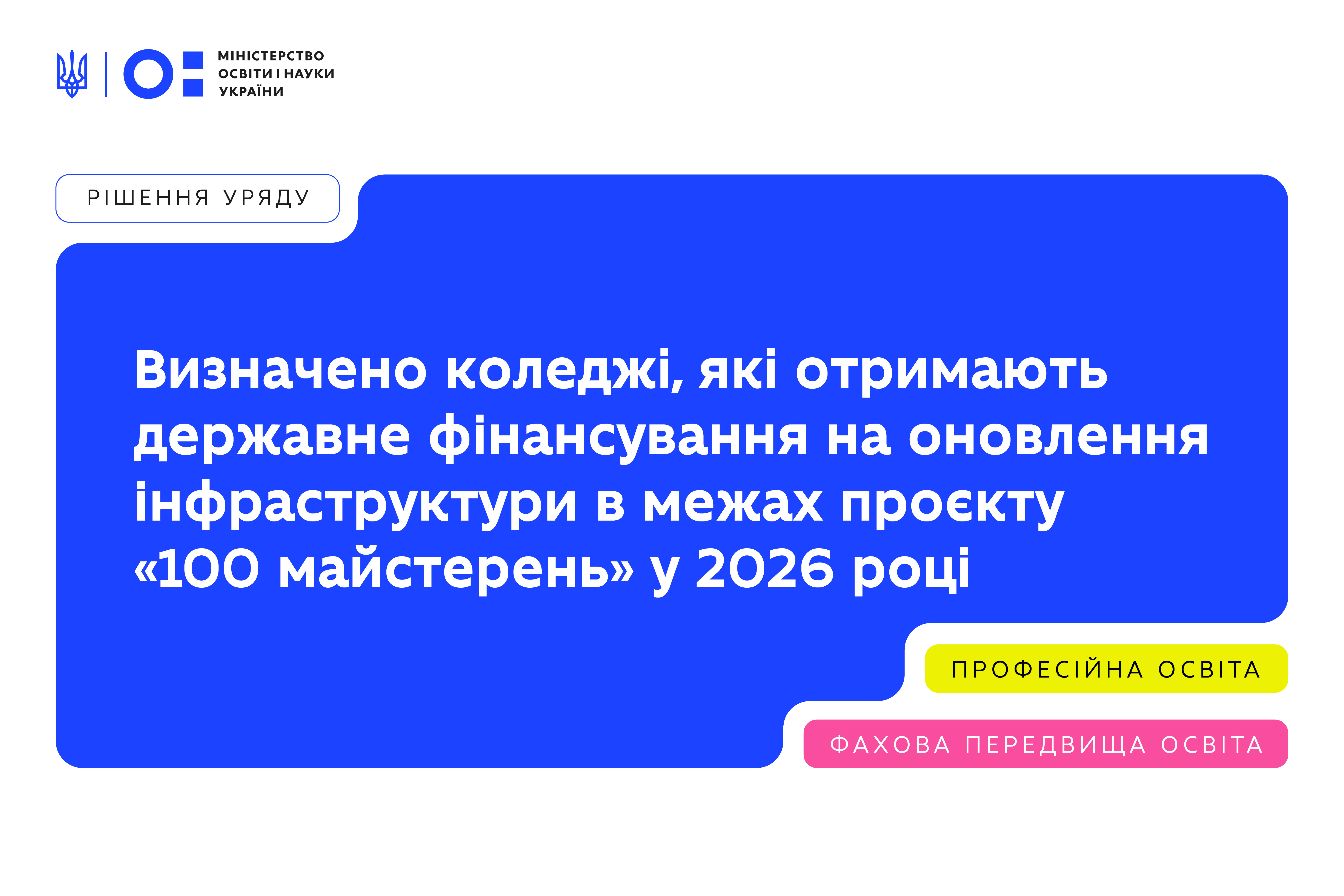 Визначено коледжі, які отримають державне фінансування на оновлення інфраструктури в межах проєкту «100 майстерень» у 2026 році