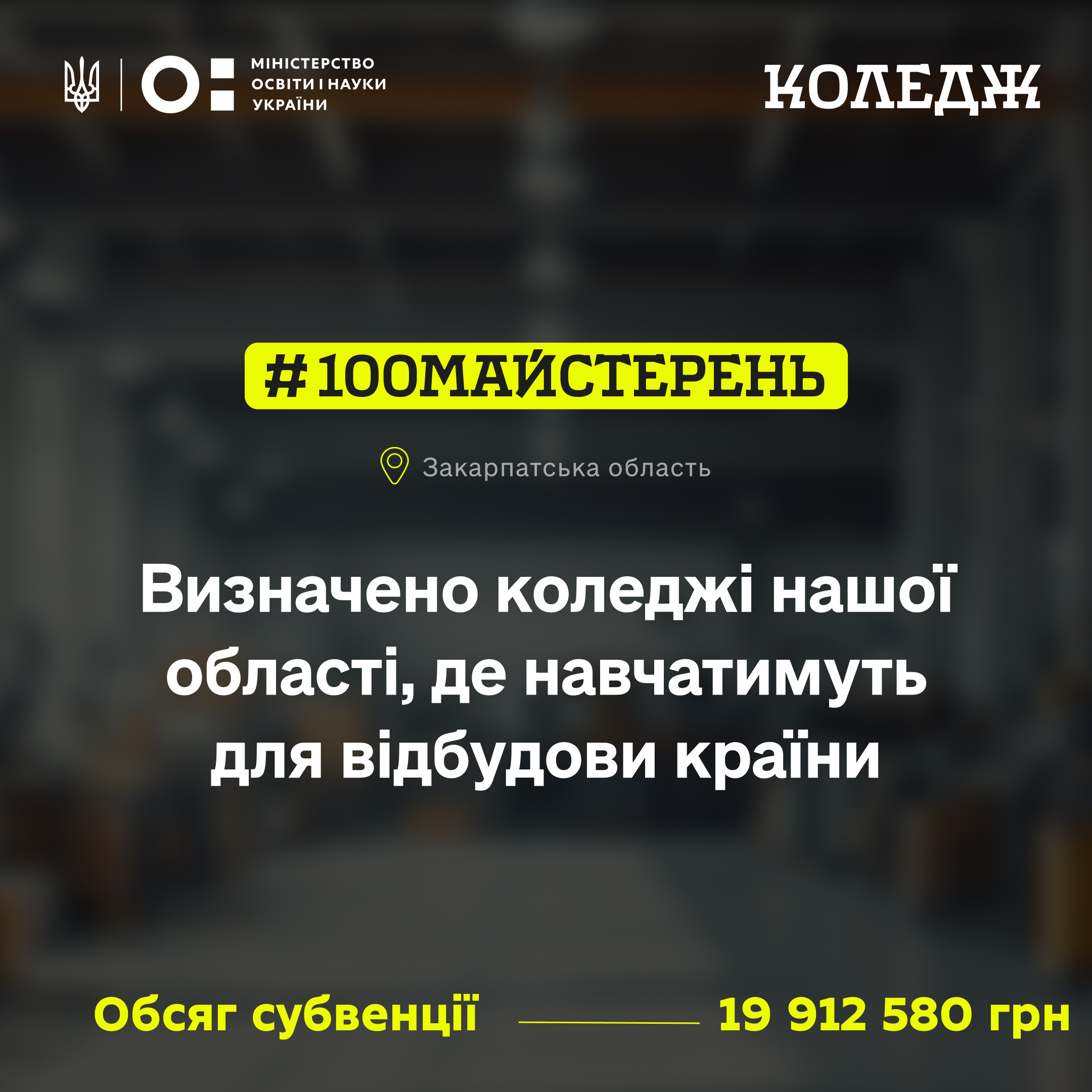 19 912,58 грн державної підтримки — на оновлення навчальних майстерень професійних коледжів Закарпатської області